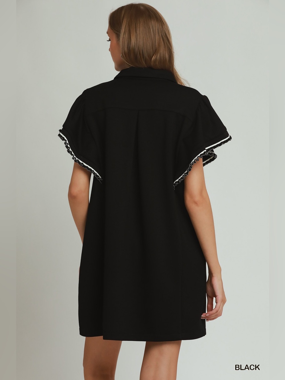 Umgee Half Zip Ruffle Rib Band Butterfy Sleeve Mini Dress with Pockets - Picture 3 of 6